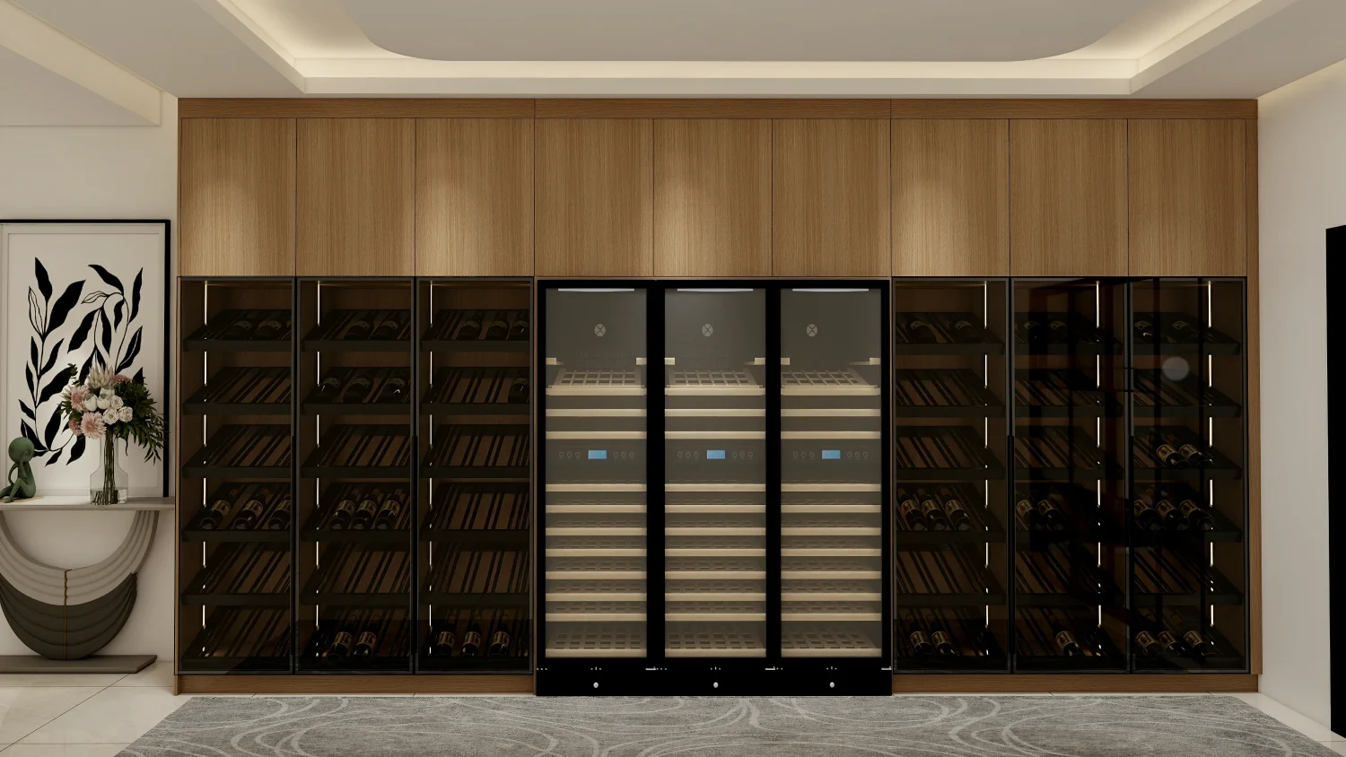 Dual-zone wine cabinet with adjustable shelves and precise temperature control
