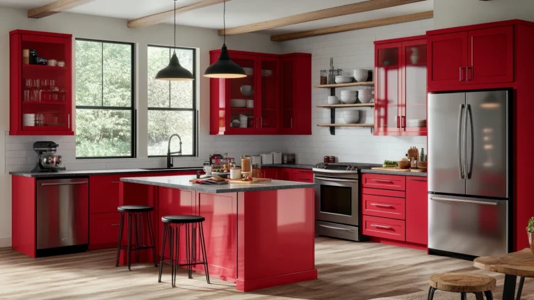 A kitchen with high-gloss red acrylic kitchen cabinets, showcasing sustainable materials and eco-friendly design
