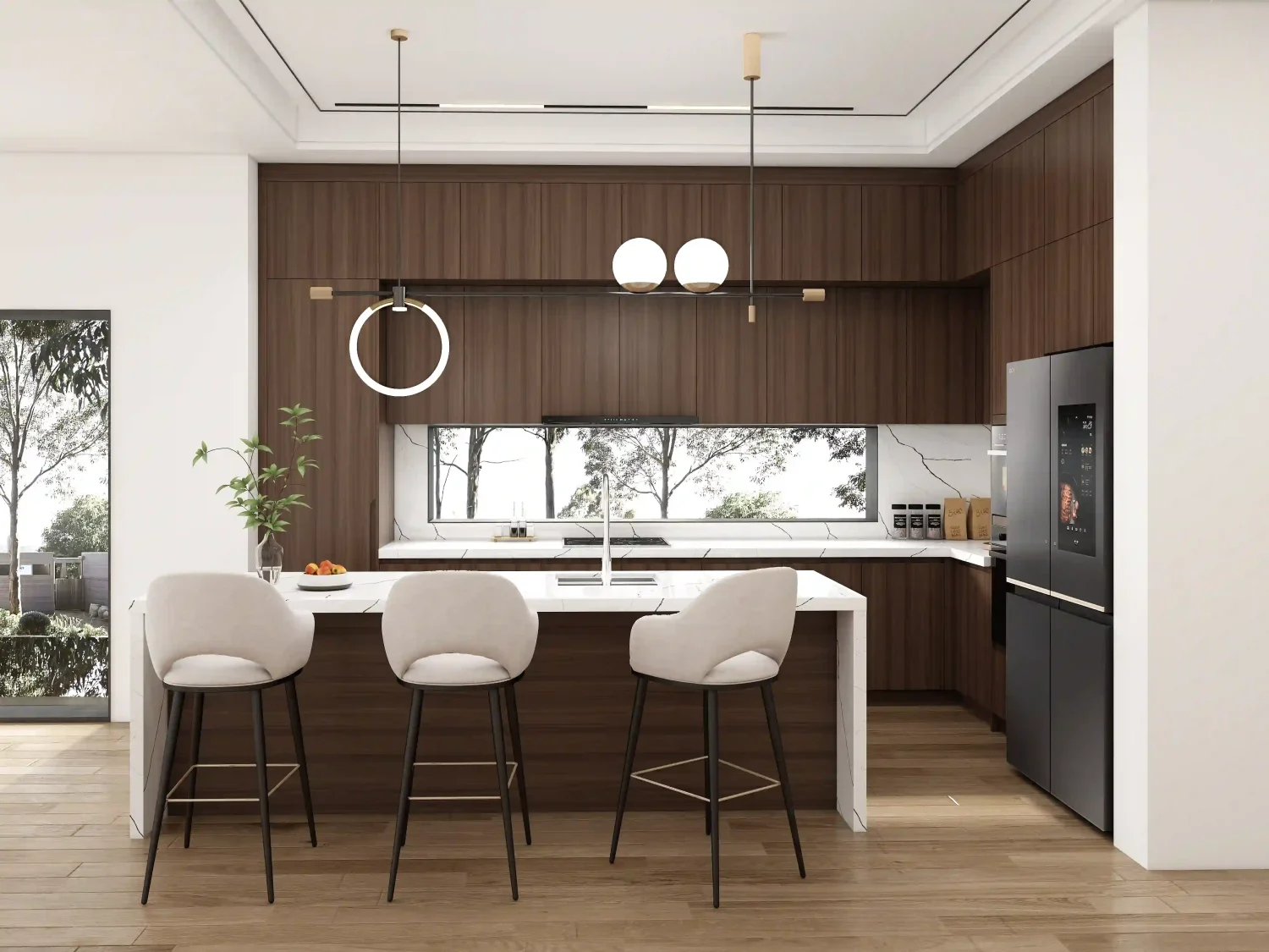 elegant kitchen design with wooden cabinets marble island and modern pendant lighting 2