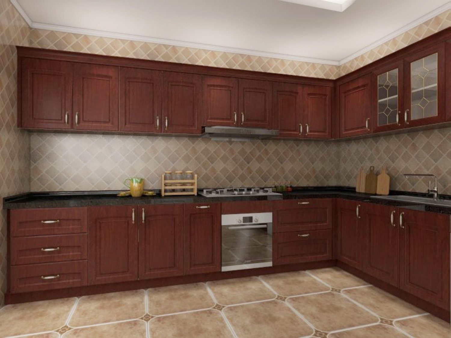 L-shaped English country kitchen with burgundy shaker cabinets, glass-front display cupboards and beige tiled backsplash.