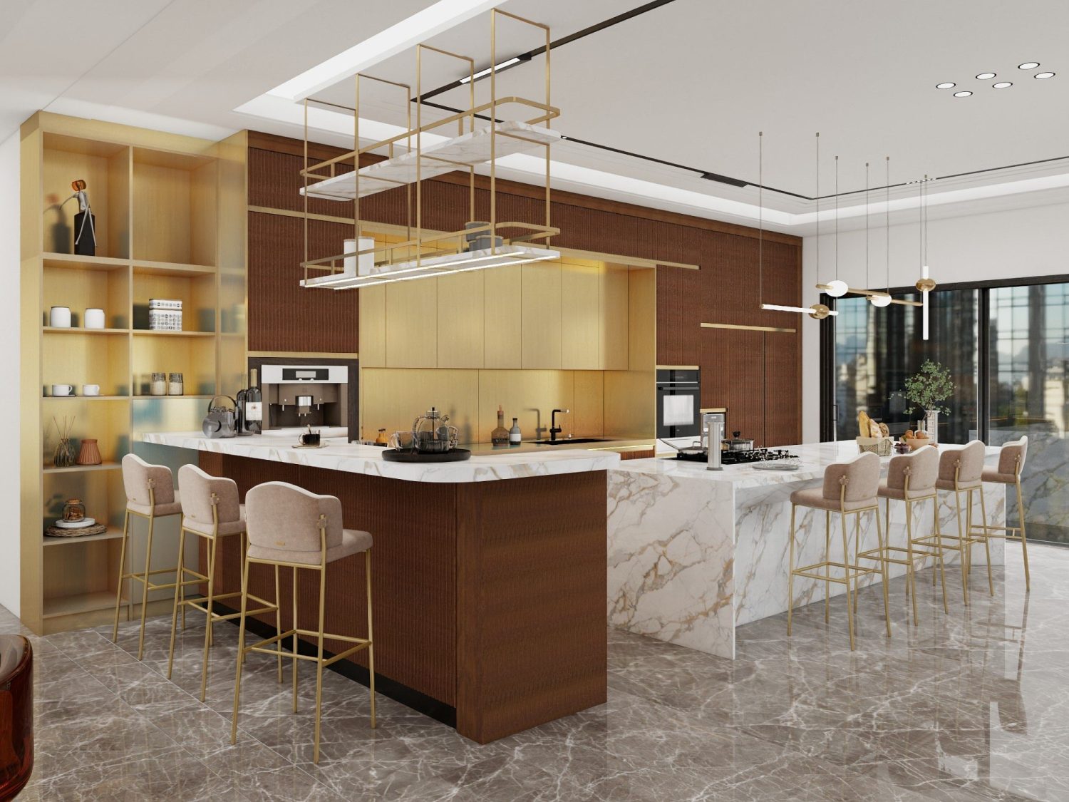 Farmhouse English country kitchen with marble waterfall island, open wood shelving, range cooker alcove, and brass bar stools.
