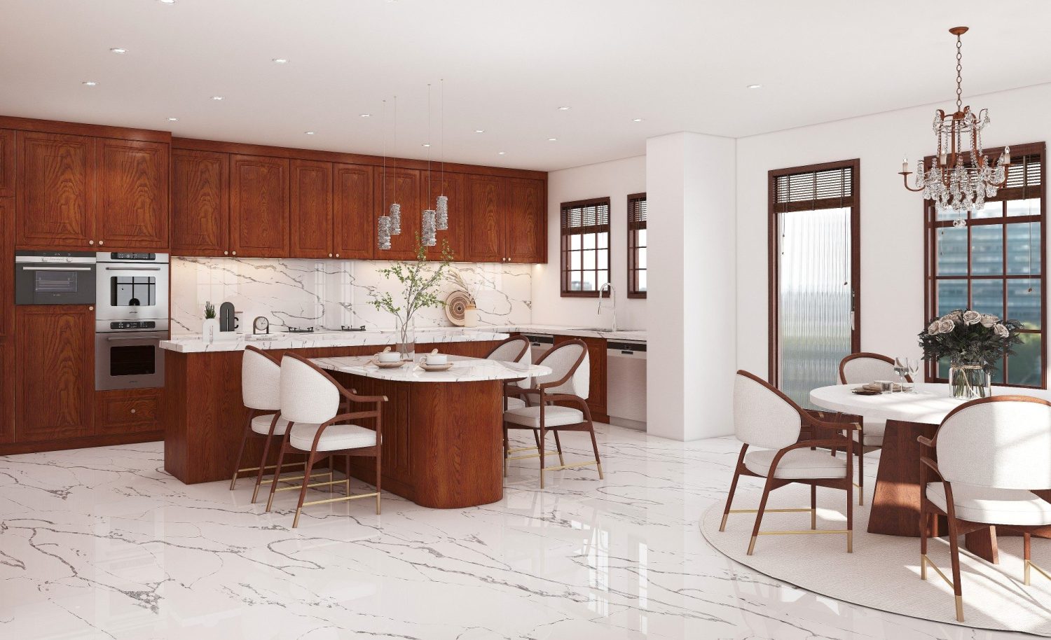 L-shaped English country kitchen with dark oak shaker cabinets, marble floors, curved island seating and round farmhouse dining table.