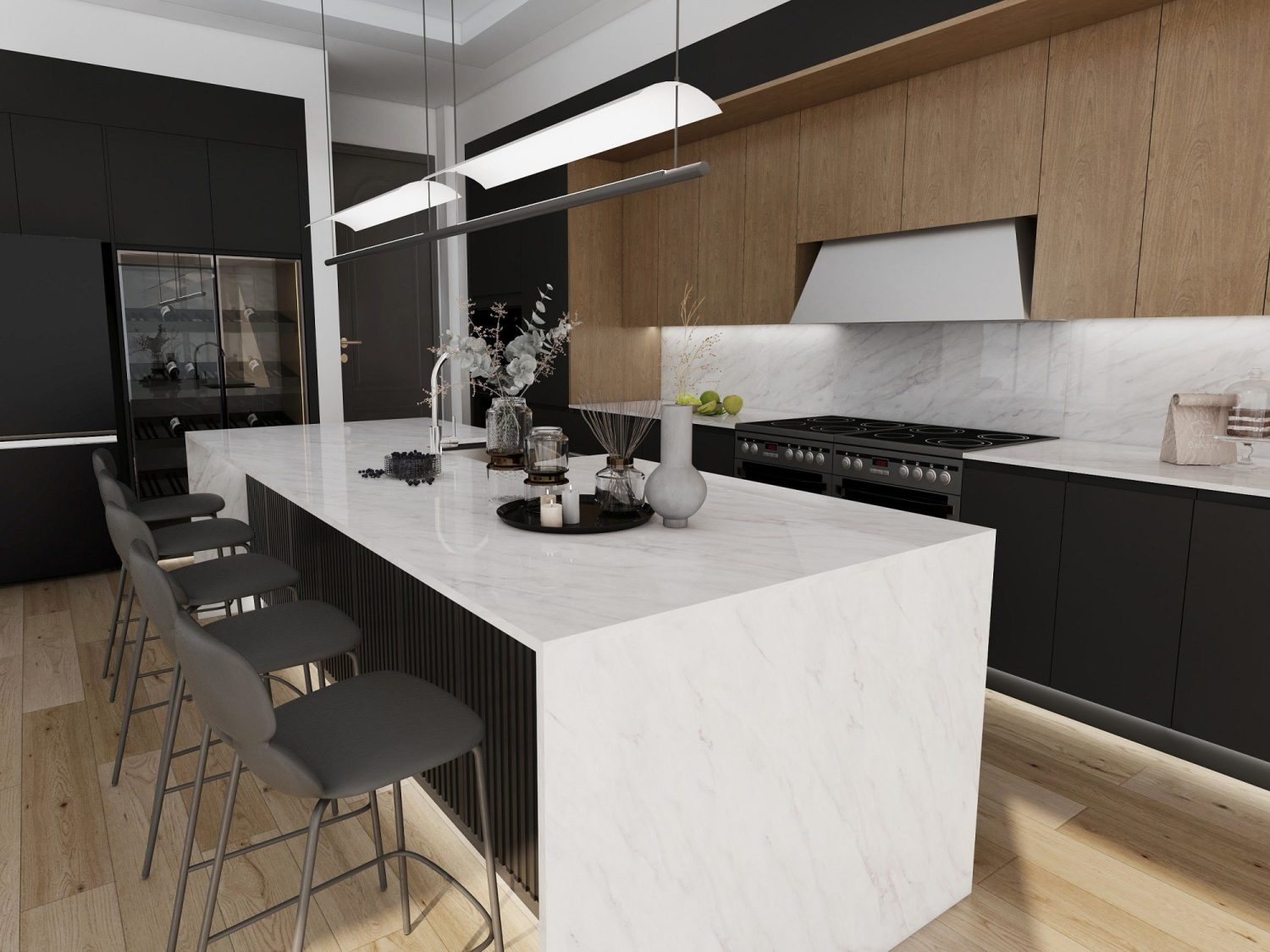 Modern kitchen with sleek quartz countertop, black cabinetry, and stylish bar stools.