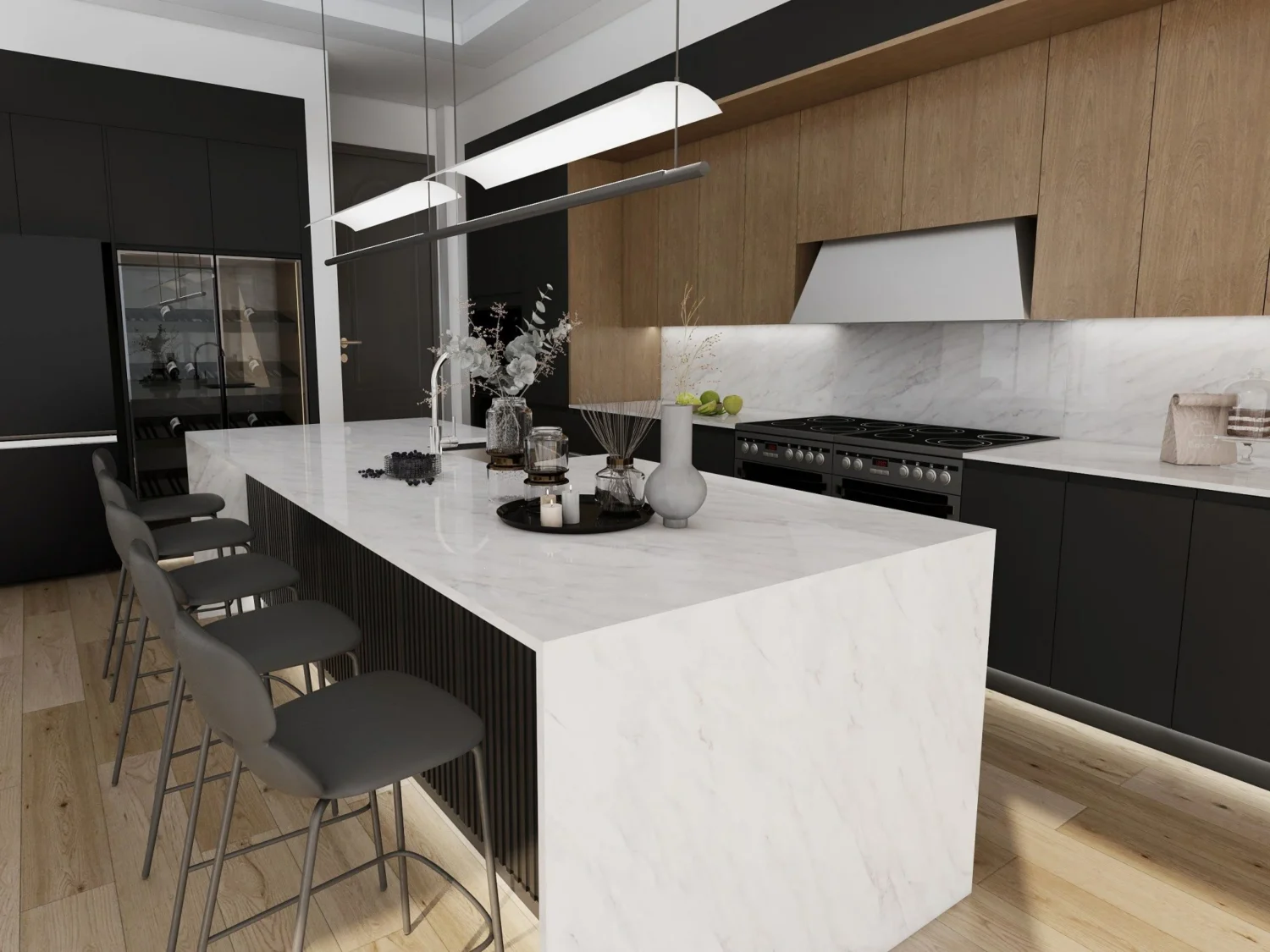 Modern kitchen with sleek quartz countertop, black cabinetry, and stylish bar stools.