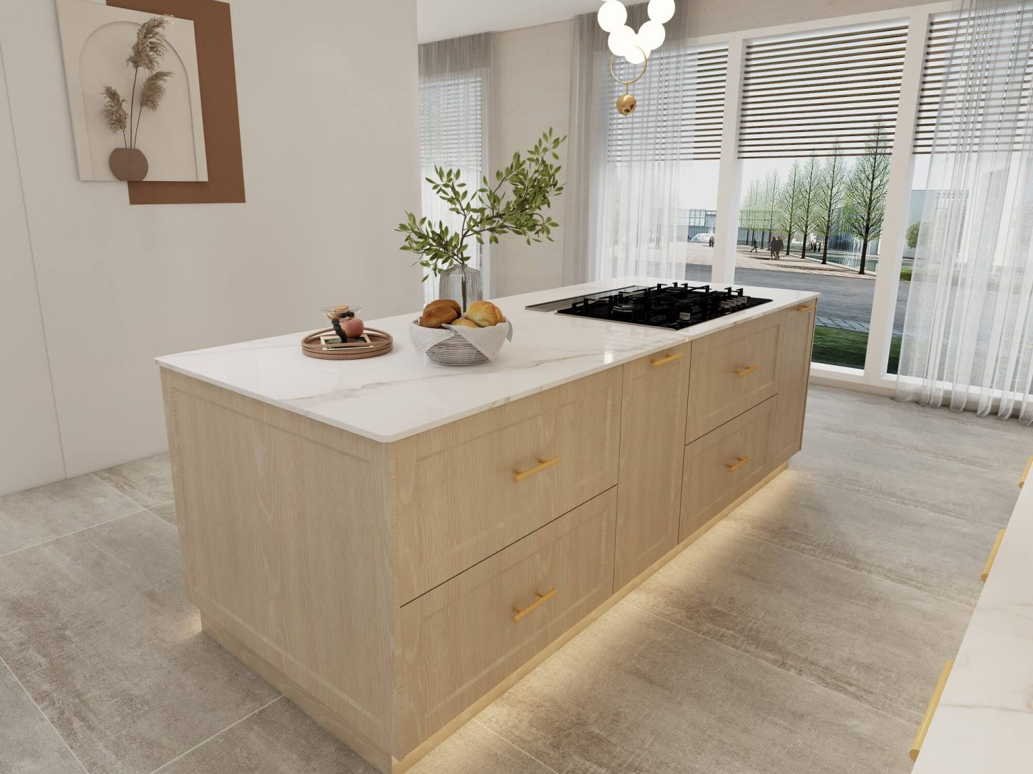 European-inspired custom kitchen island with marble countertop and golden handles, featuring a modern design.