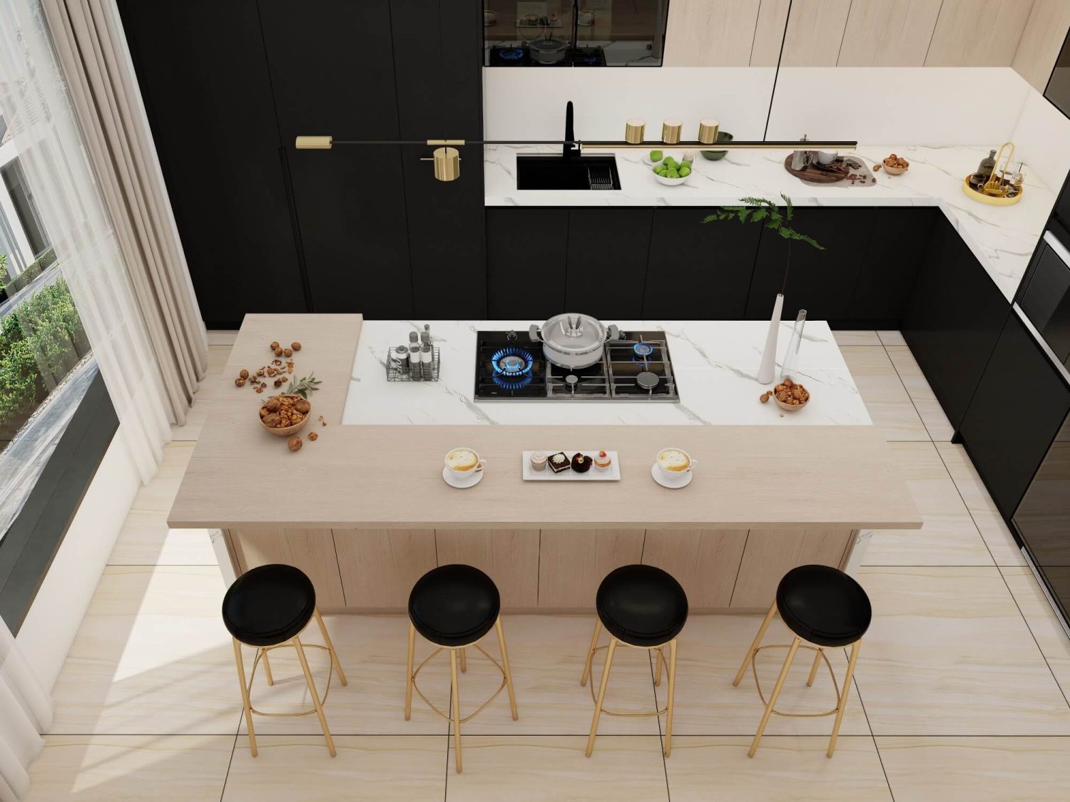 European-inspired luxury kitchen featuring black and wood cabinetry, marble countertops, and sleek design.