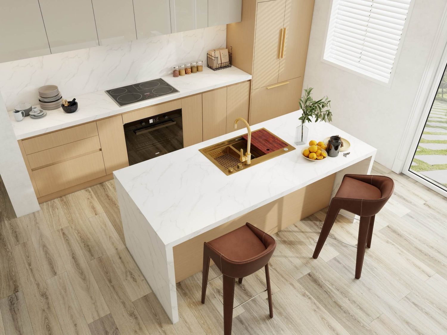 Luxury European kitchen with marble countertops, modern gold accents, and minimalist design elements.