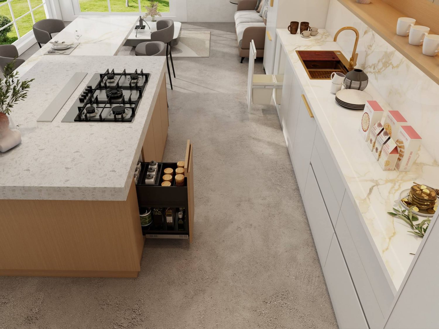 European-inspired kitchen with wood and white cabinetry, marble countertops, and a modern design.