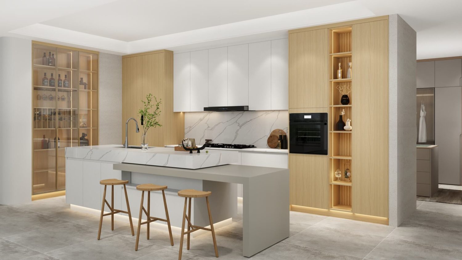 European-inspired modern kitchen with light wood cabinetry and marble island countertop.