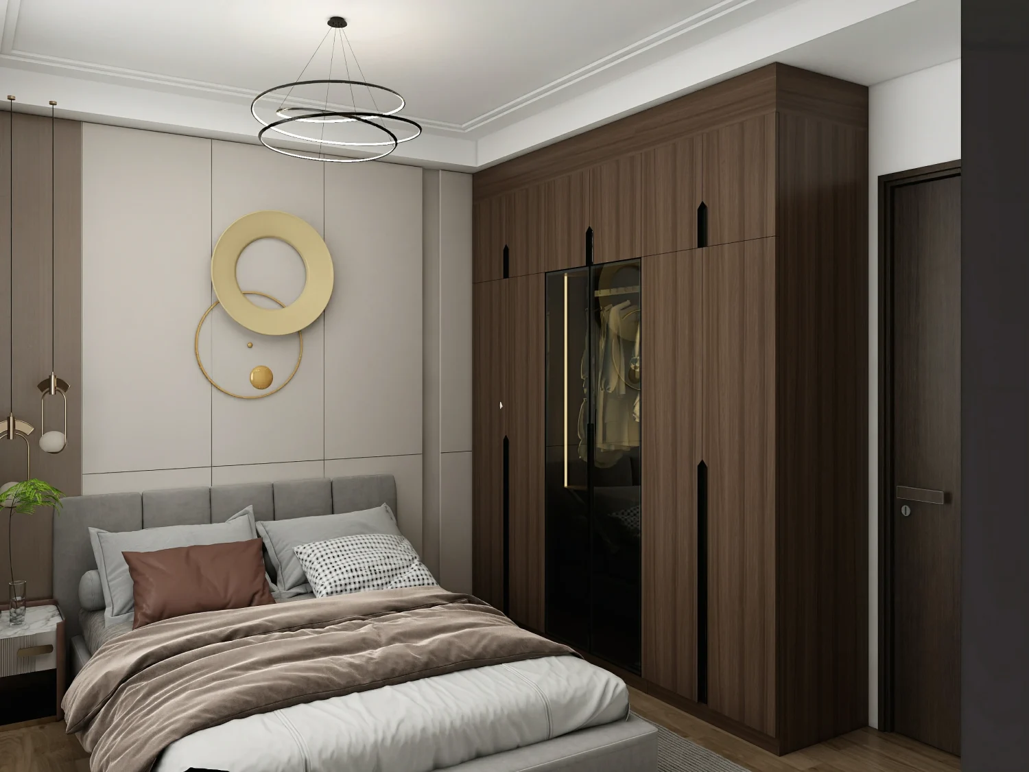 Closed flat closet doors in a modern, minimalist bedroom.