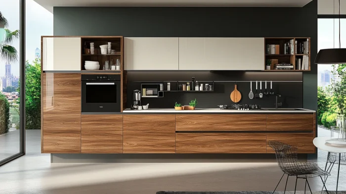 Modern floating kitchen cabinets with open wood and white panels