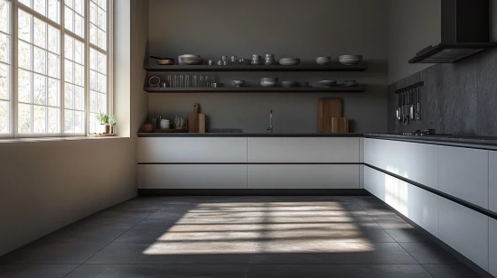 Minimalist kitchen with floating shelves above kitchen cabinets and countertop