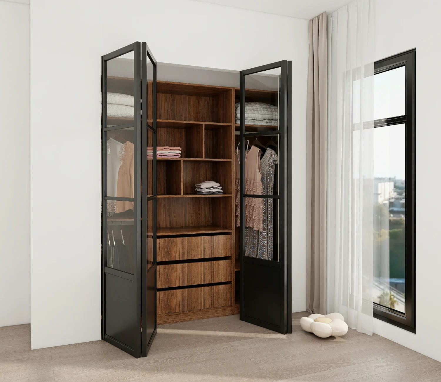 Closed folding closet doors in a minimalist room design.