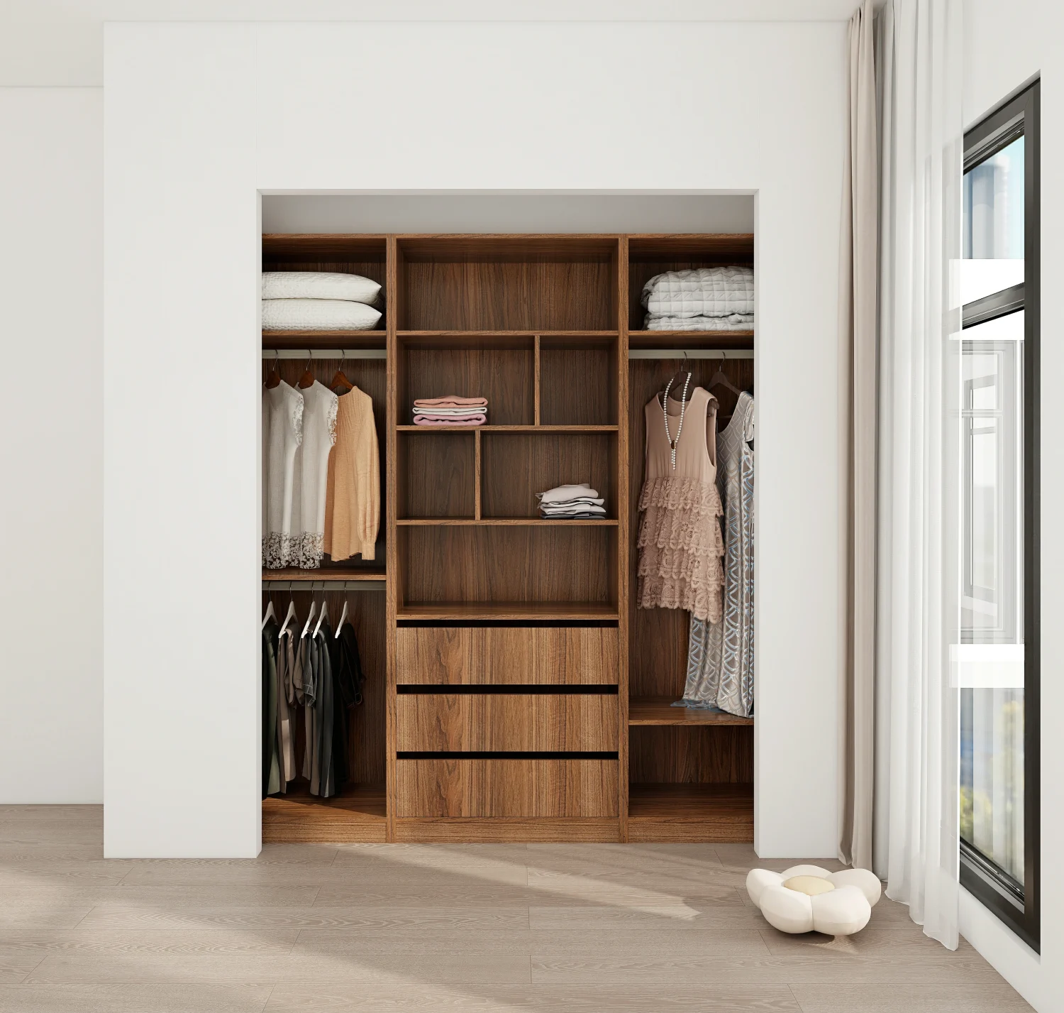 Folding closet doors open in a modern minimalist bedroom.