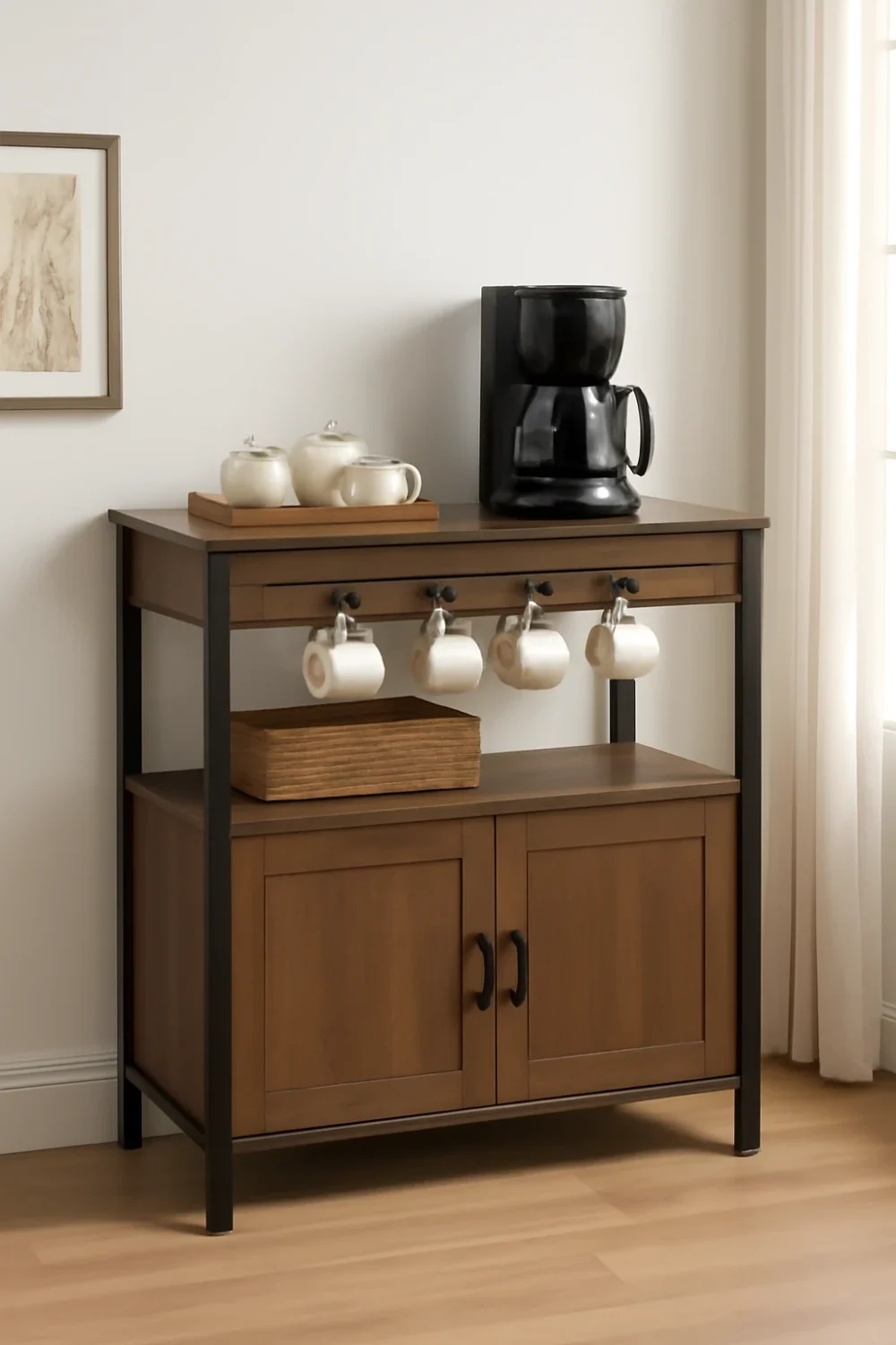freestanding coffee bar cabinet with coffee maker, hanging mugs, and storage space.
