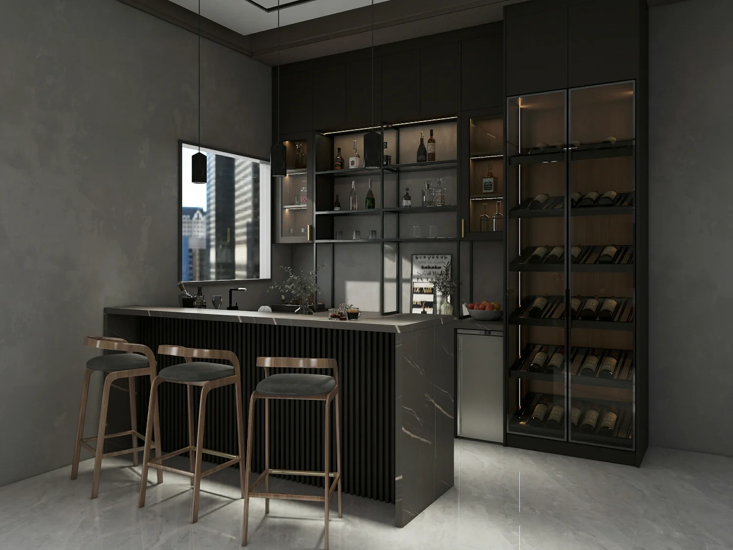 Freestanding wine cabinet stocked with bottles beside modern home bar