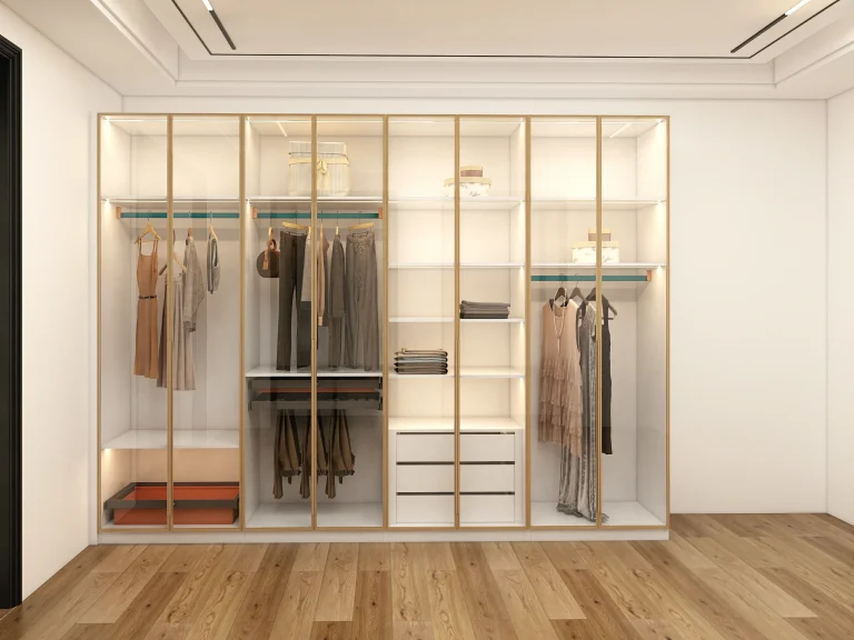 Glass closet doors with a modern frame, open view showing interior.