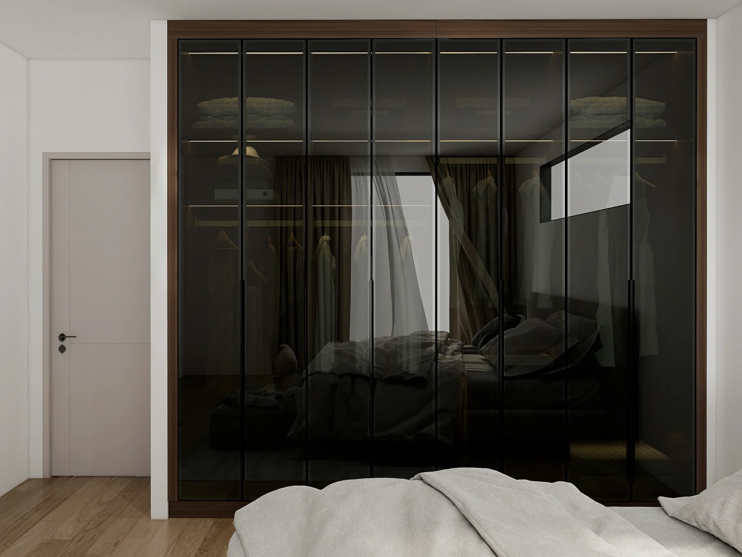 Closed glass closet doors in a modern bedroom setting.