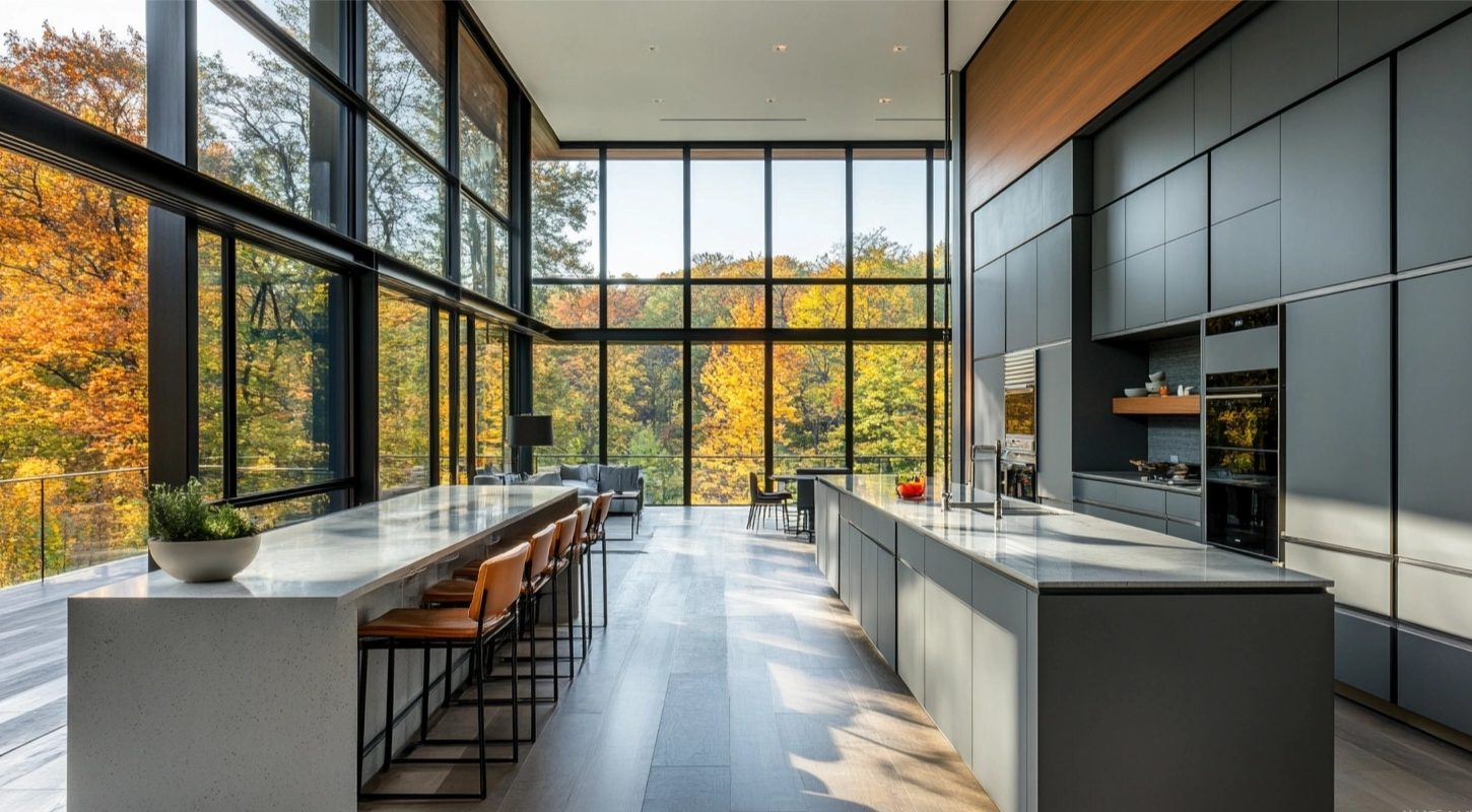 Is SieMatic Kitchen Worth the Investment? A Deep Dive into Price vs. Value 1 Luxurious SieMatic kitchen with grey cabinets, large windows, and marble countertops, highlighting premium kitchen investment value.