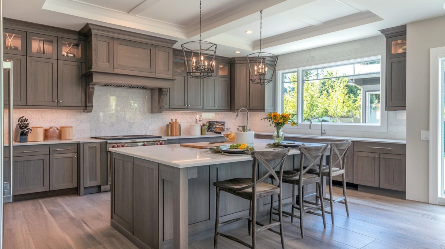 Grey wooden kitchen cabinets with large island, white countertop, wooden bar stools, pendant lights, and bright natural window light.