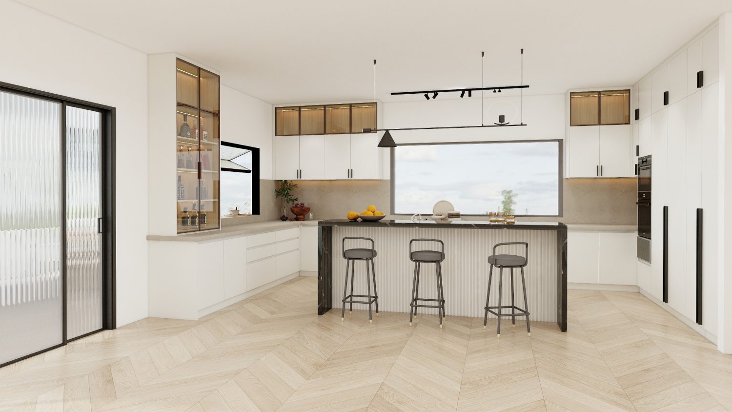 Coastal Hamptons kitchen with shaker-style cabinetry, marble countertops, glass cabinets, and natural timber flooring