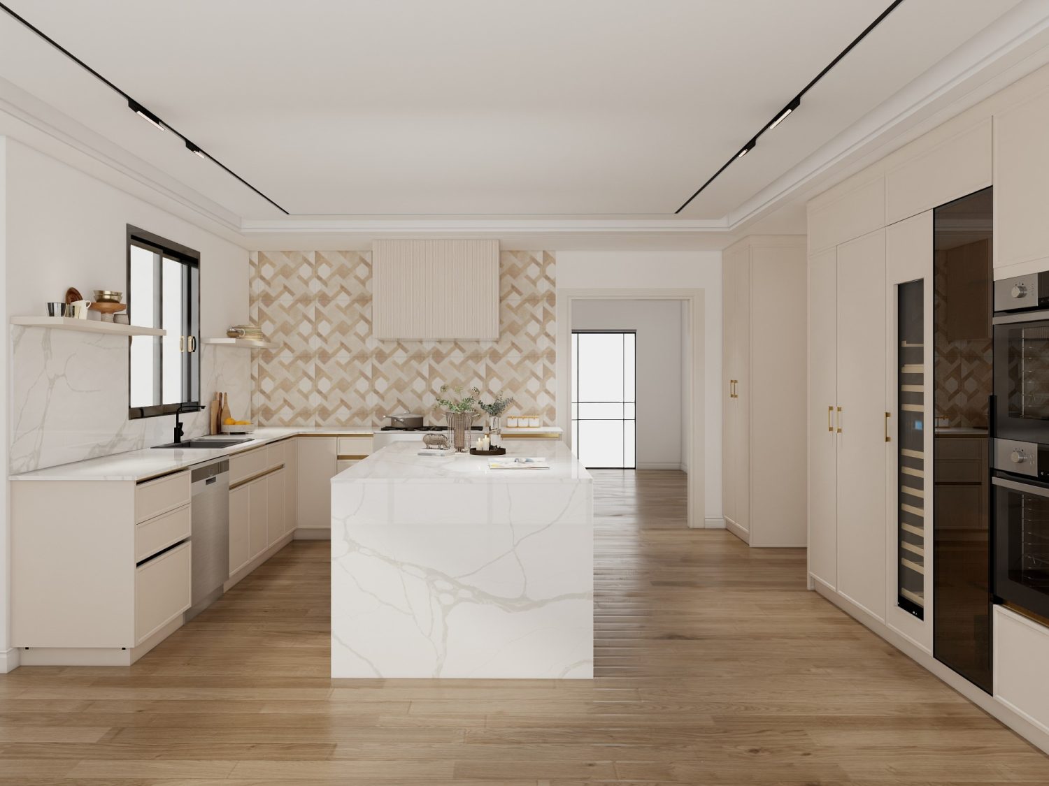 Hamptons kitchen with classic shaker cabinets, marble benchtop, and light timber flooring in coastal style