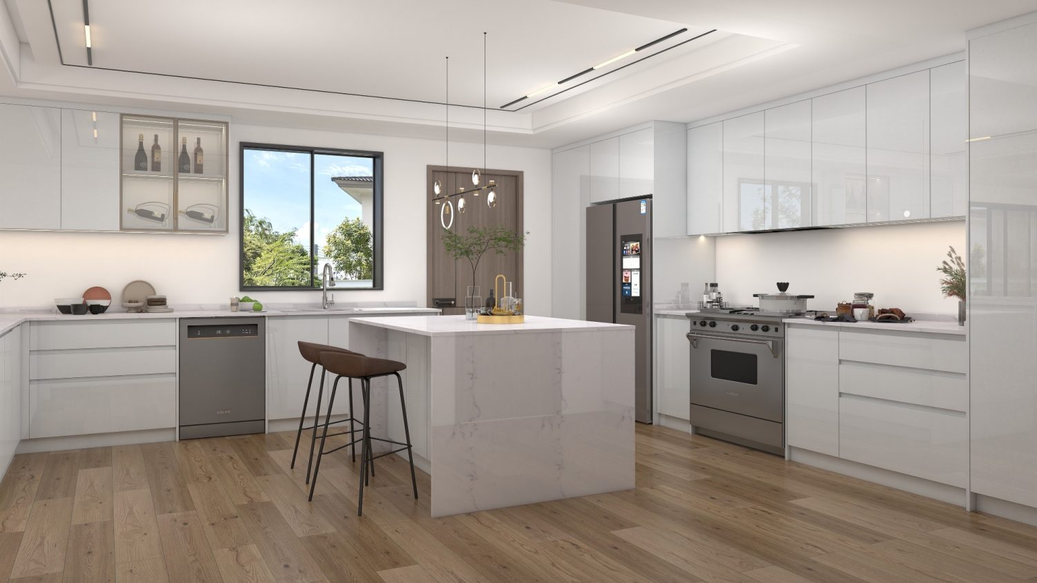hamptons kitchen with shaker style cabinets and marble island