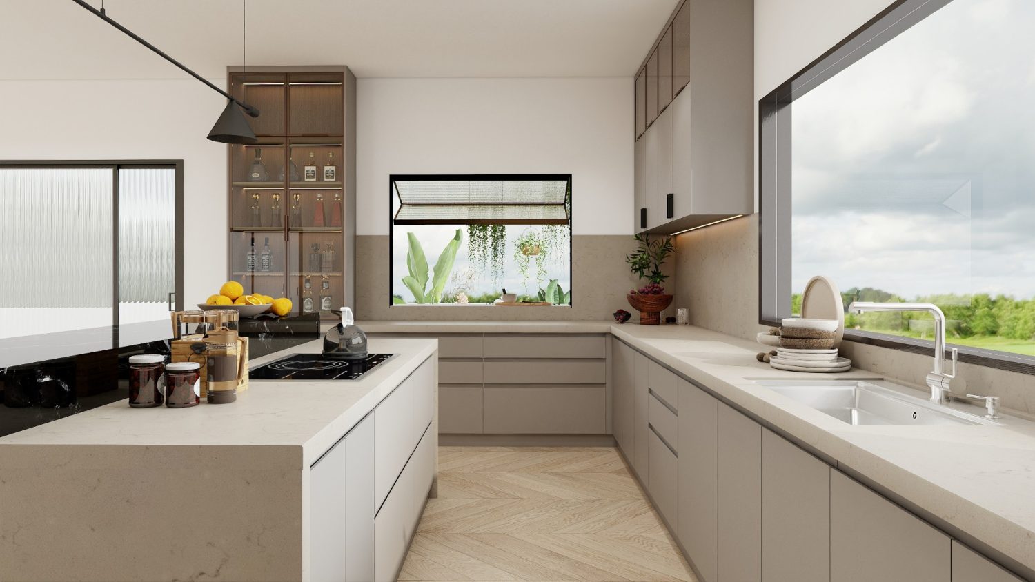 Hamptons style kitchen with shaker cabinets, light tones, marble benchtops, glass display cabinet, and natural timber flooring