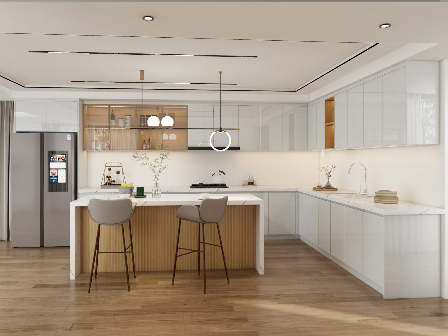 Hamptons style kitchen with classic shaker cabinets, glass-front doors, and light wood island bench in coastal design