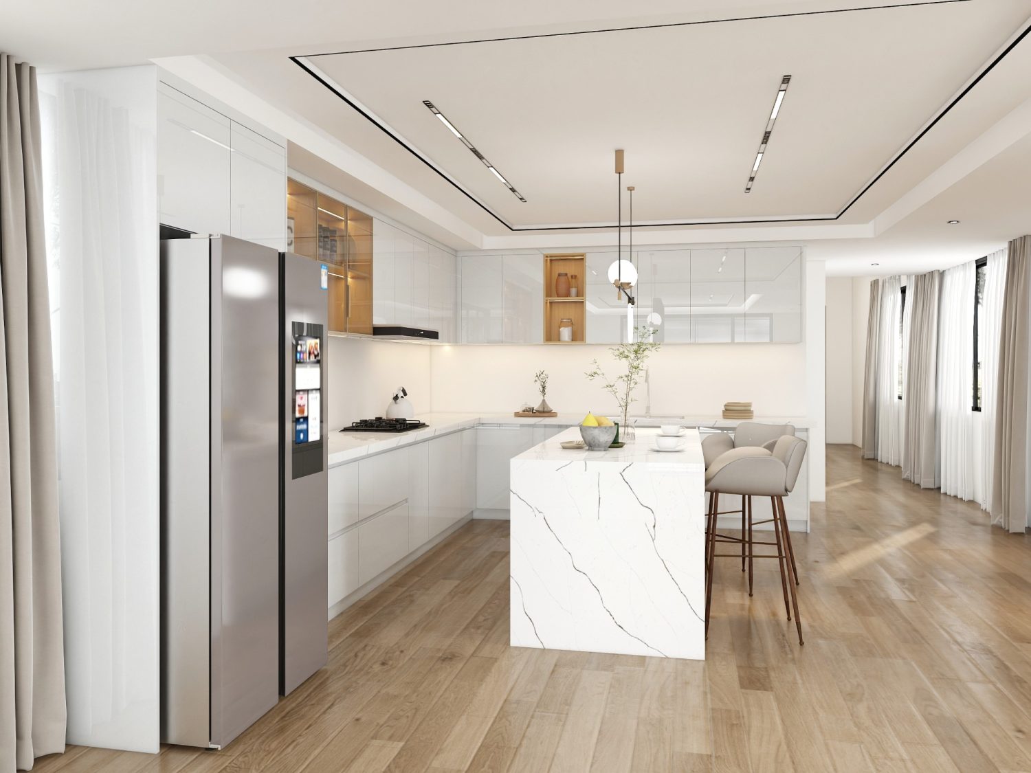 Hamptons style kitchen with classic shaker cabinets, white marble island, and light timber flooring in coastal design