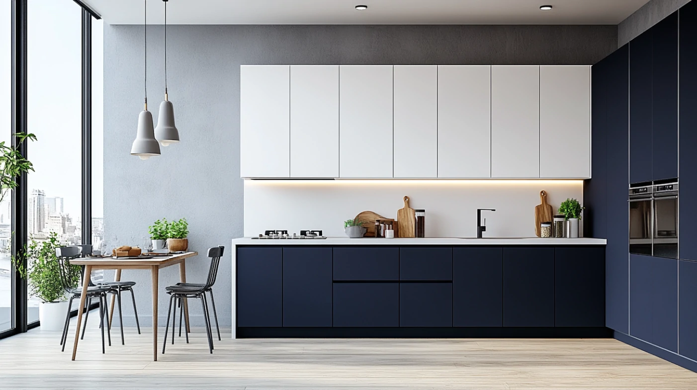 A modern kitchen with handleless acrylic kitchen cabinets in navy blue and white, featuring clean lines and minimalistic design.