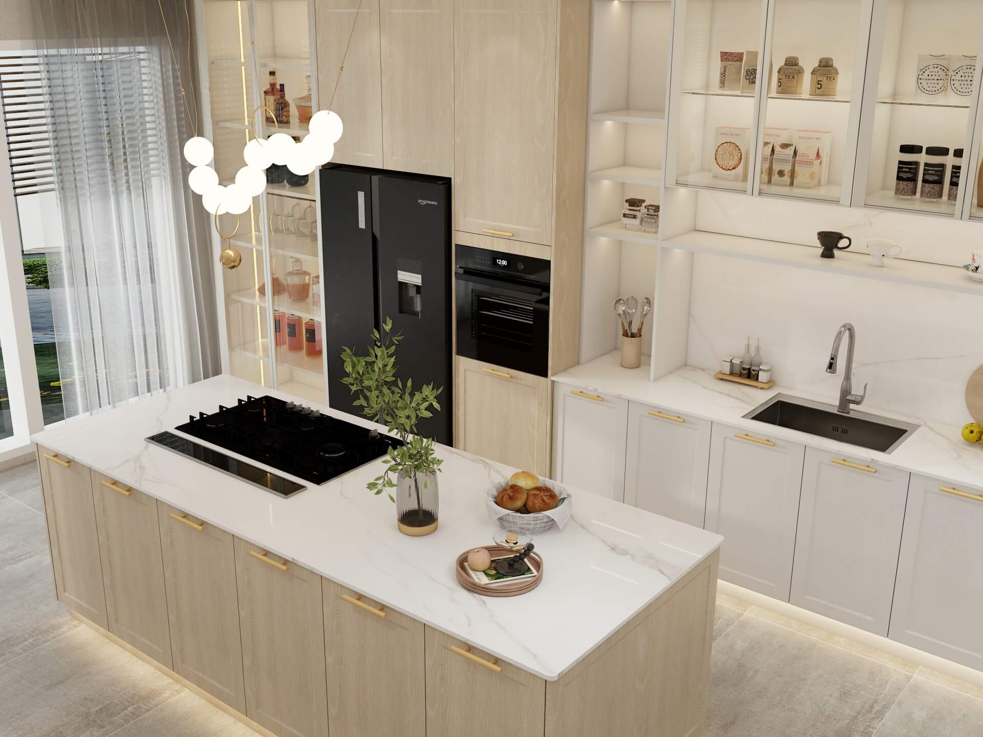 Light plywood kitchen cabinets with marble countertops and island featuring black appliances.