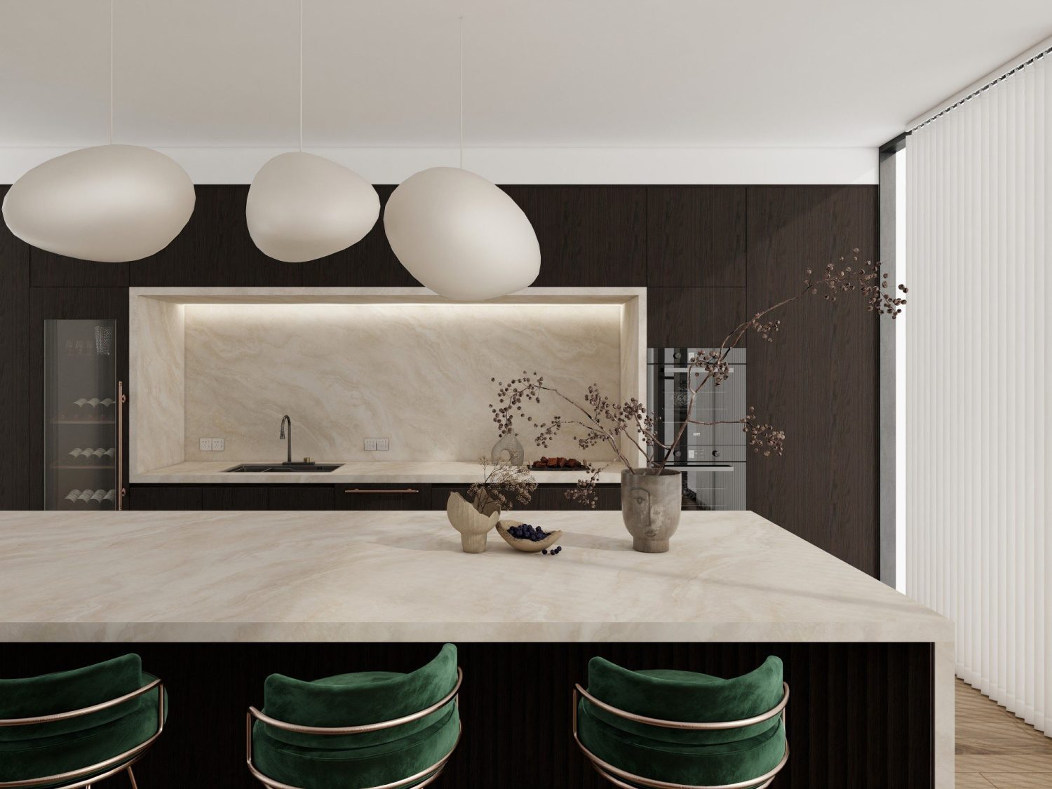 heritage kitchen with butlers pantry classic timber cabinets elegant marble benchtop green velvet stools