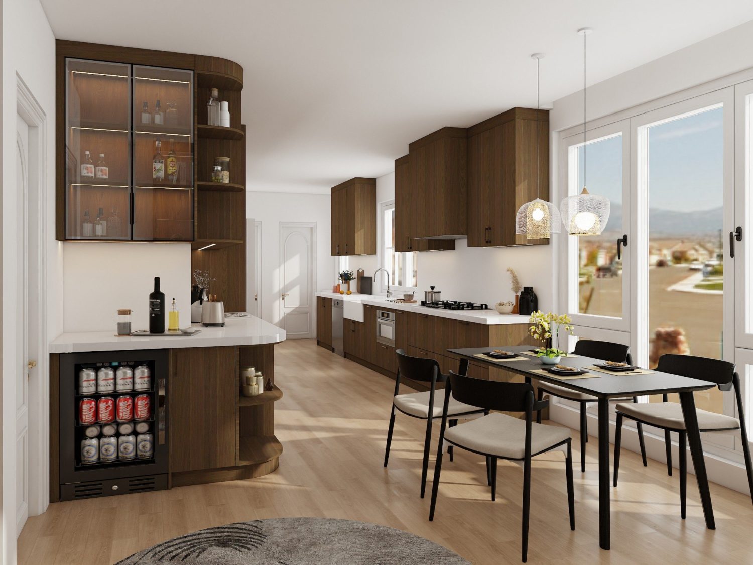 heritage kitchen butlers pantry rich timber cabinets dining area with black chairs and natural light