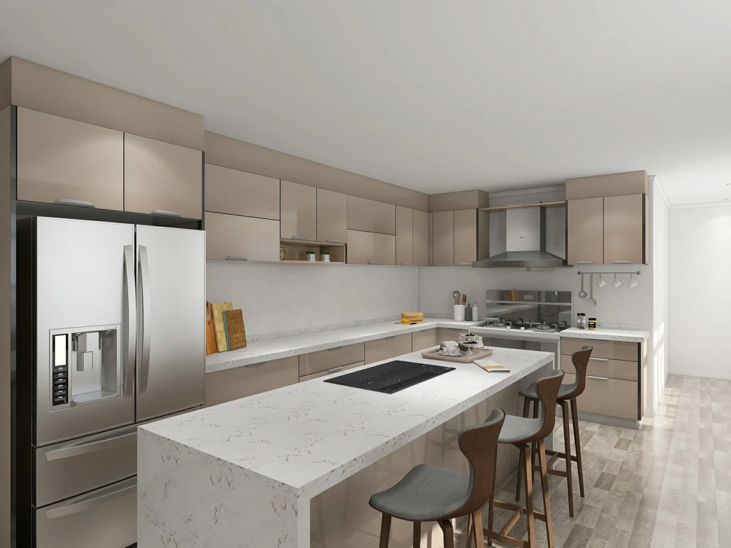 A kitchen featuring high-gloss beige acrylic kitchen cabinets with sleek design and a modern, clean look.