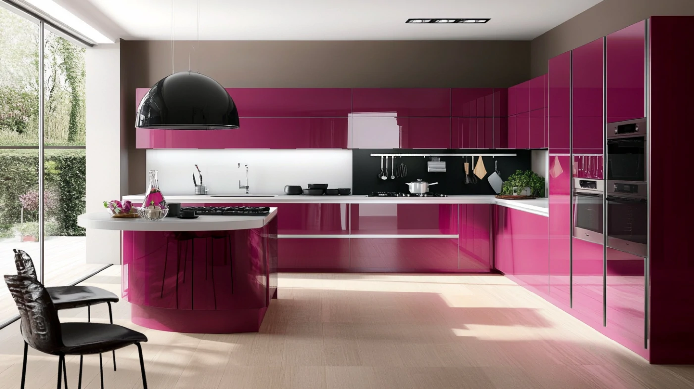 A vibrant kitchen featuring high-gloss acrylic kitchen cabinets in pink, reflecting light to enhance space perception.