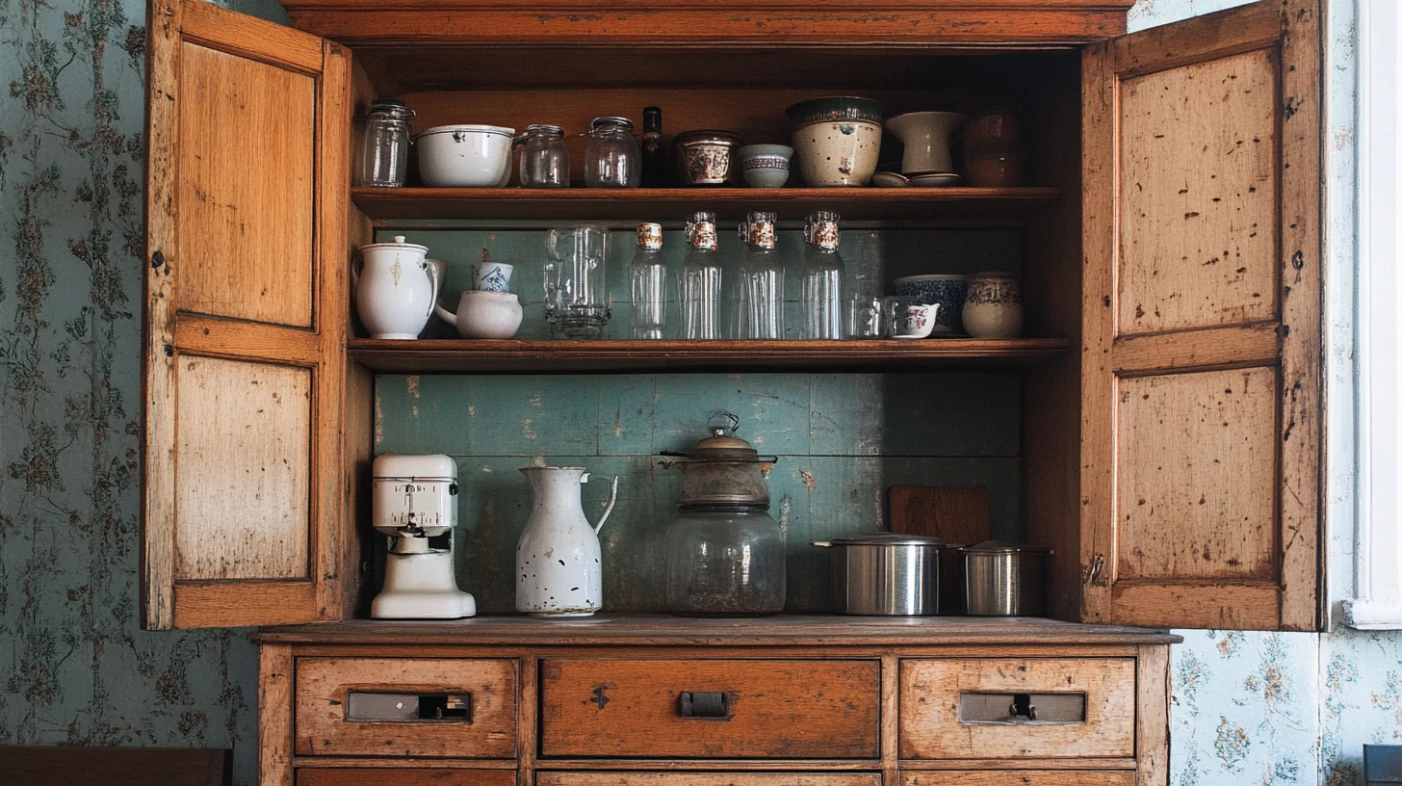 hoosier kitchen cabinet with open shelves and various kitchen jars