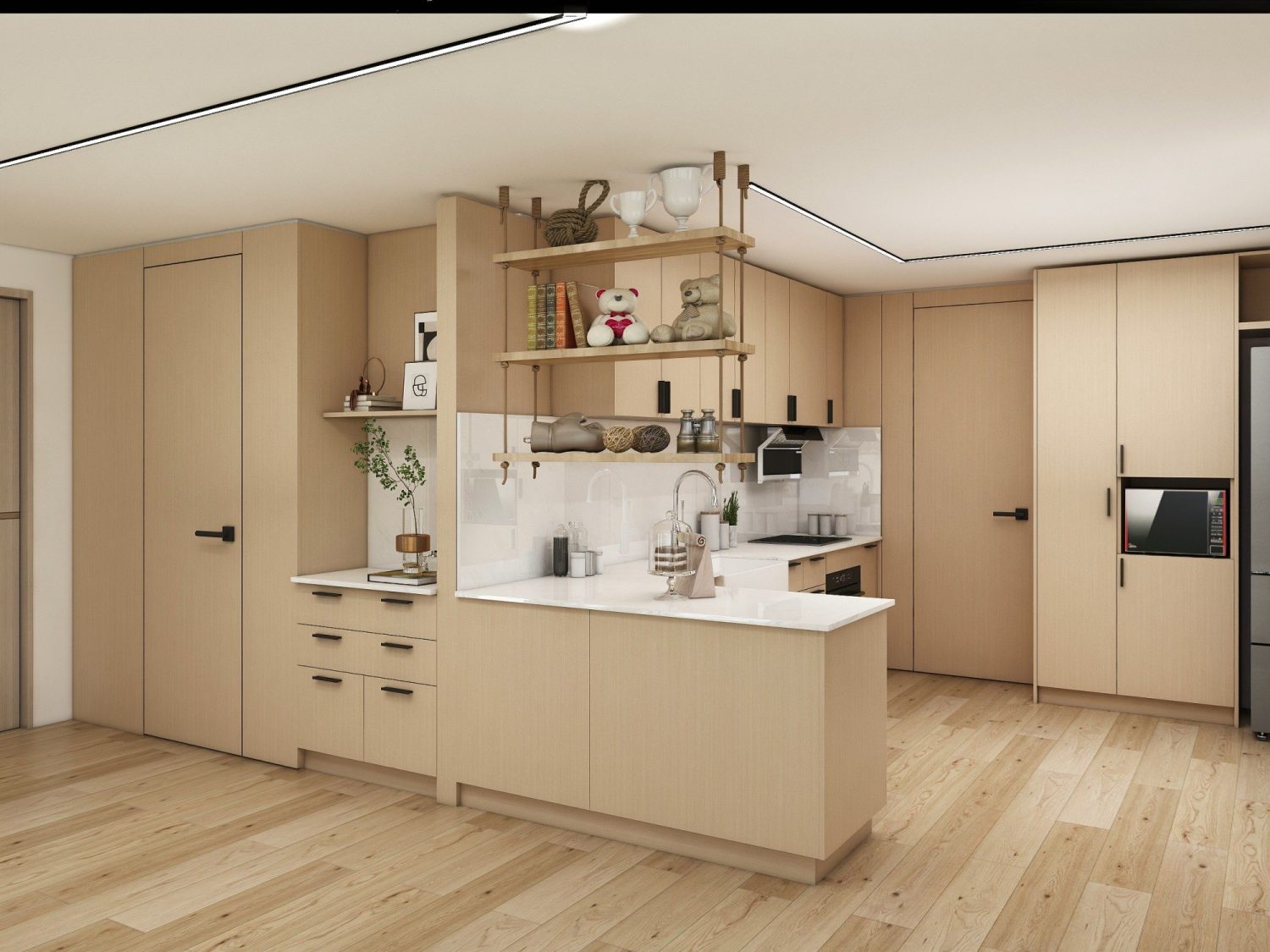U-shaped coastal kitchen with moisture-sealed light plywood cabinets, corrosion-resistant hardware and open hanging shelves