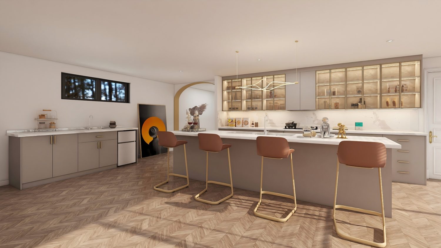 Spacious tropical kitchen with taupe Indonesian-made cabinets, marble island, gold-leg bar stools, and lighted glass uppers
