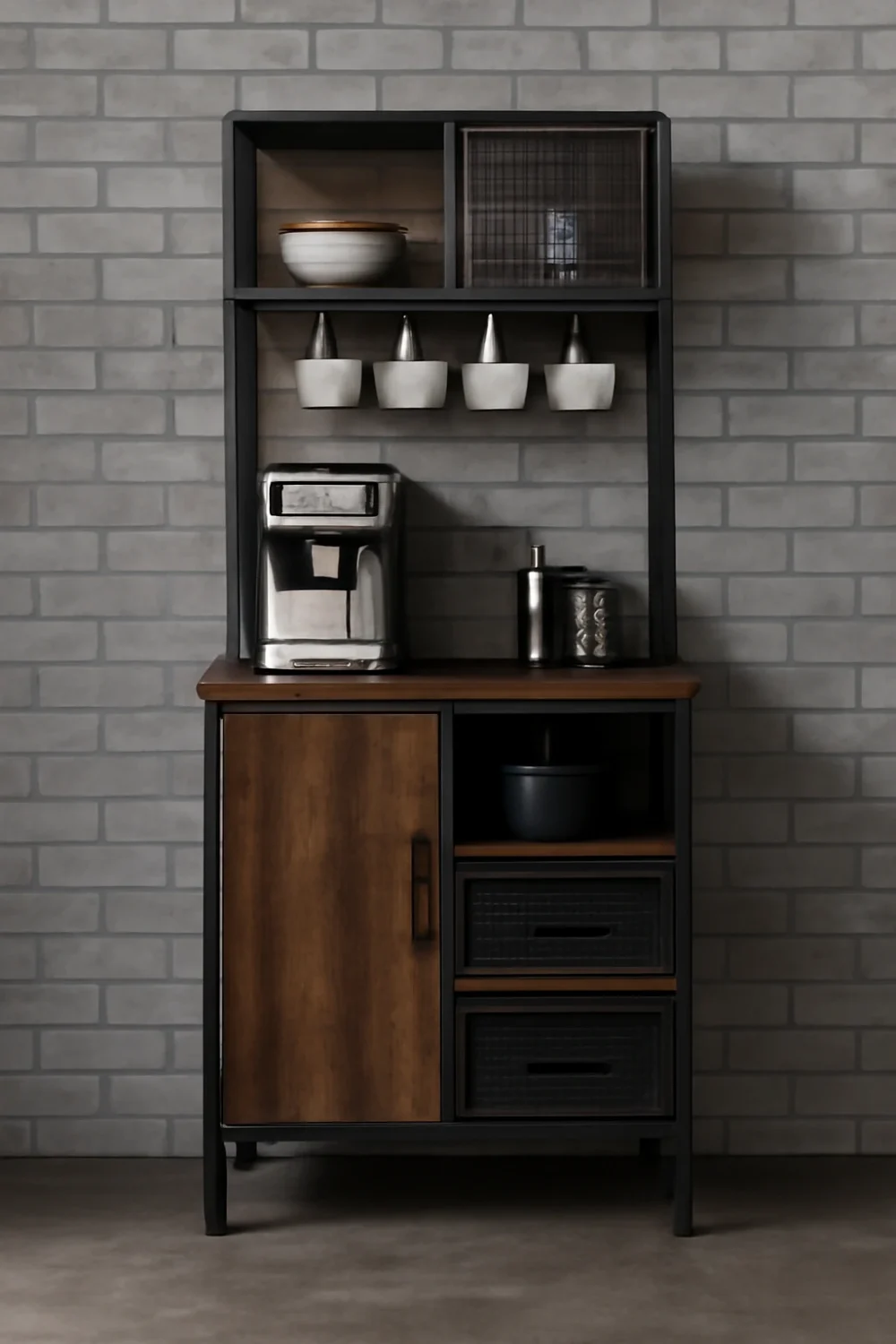 industrial coffee bar cabinet with dark wood, metal accents, and a coffee maker on top