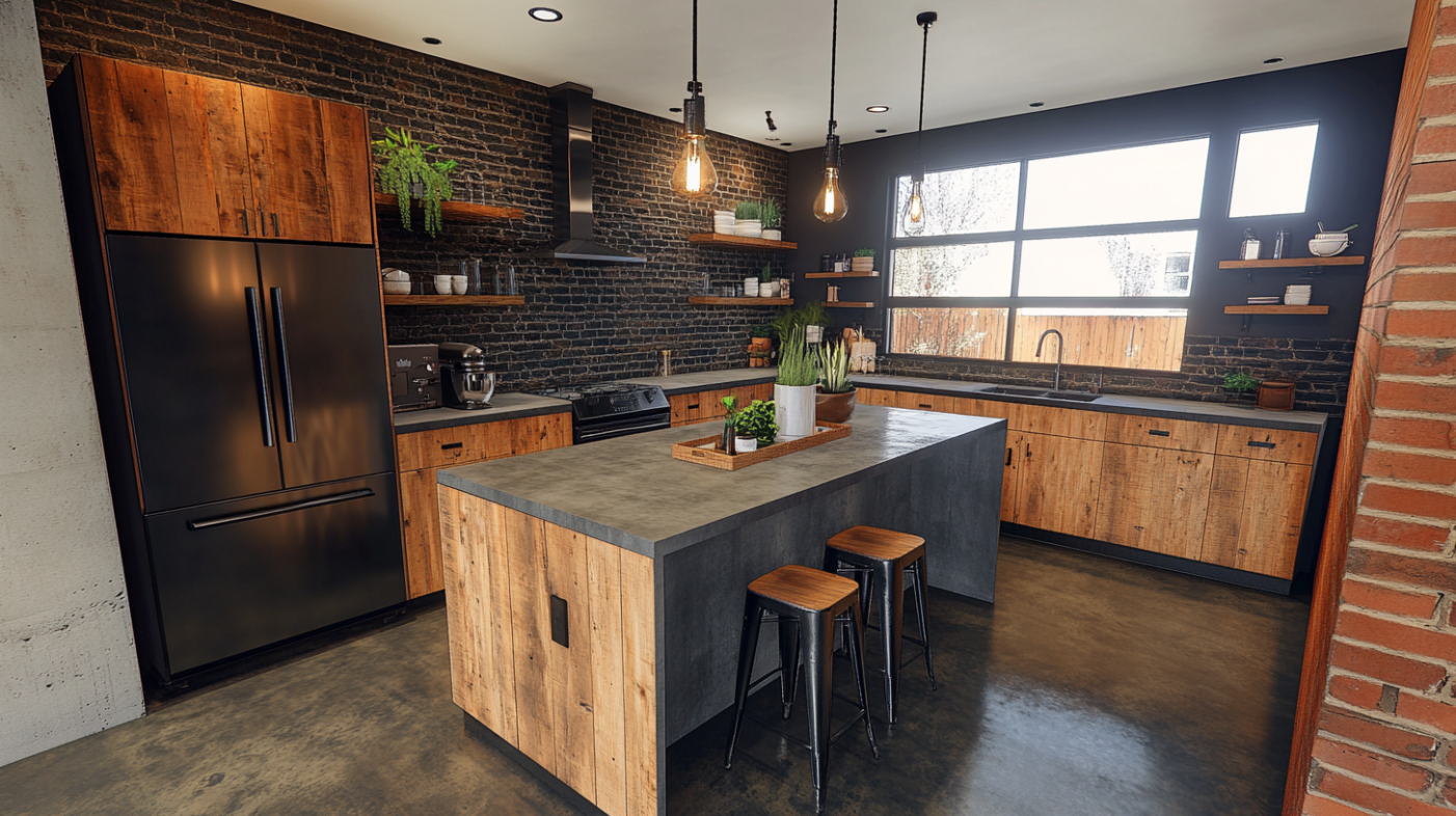 Industrial kitchen featuring knotty pine cabinets and concrete island