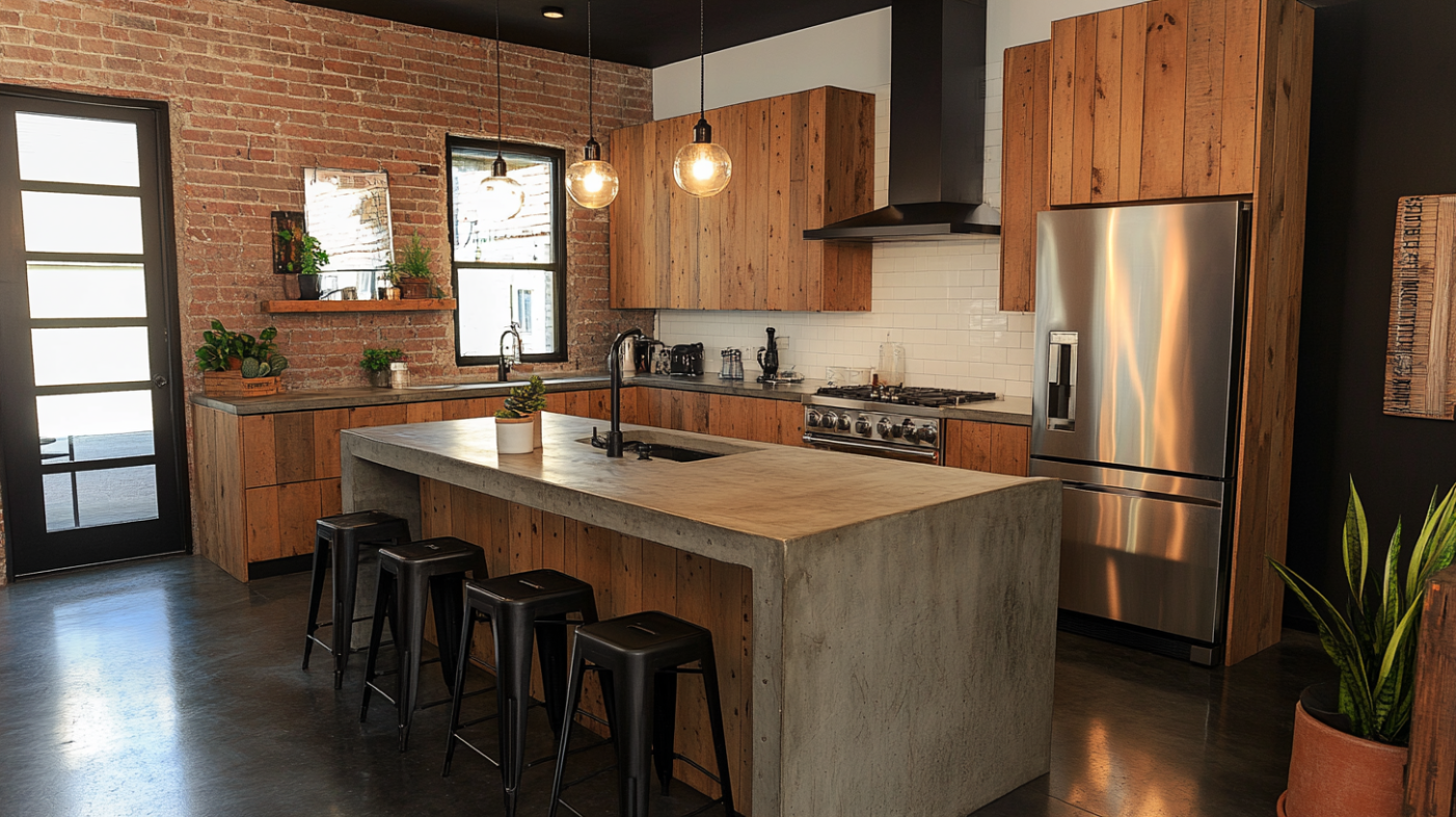 Industrial kitchen with knotty pine cabinets and concrete waterfall island