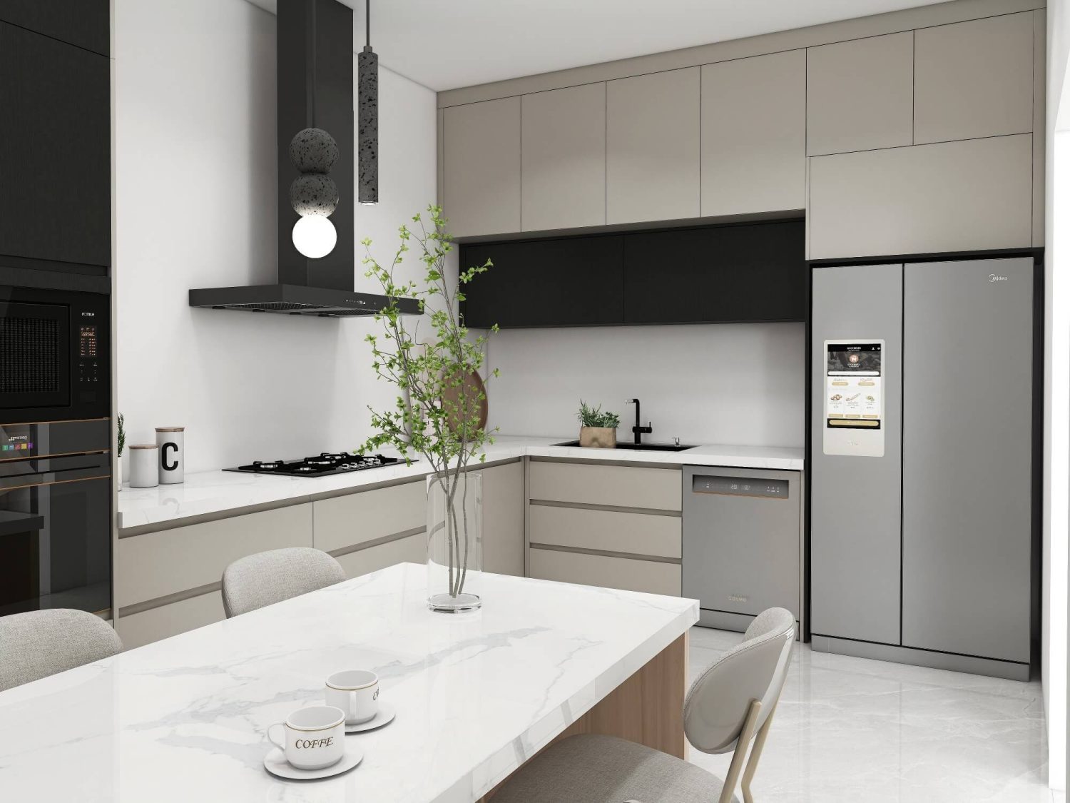 A modern kitchen featuring industrial-style cabinets with dual-tone finishes, a marble countertop, and sleek appliances in a contemporary design.