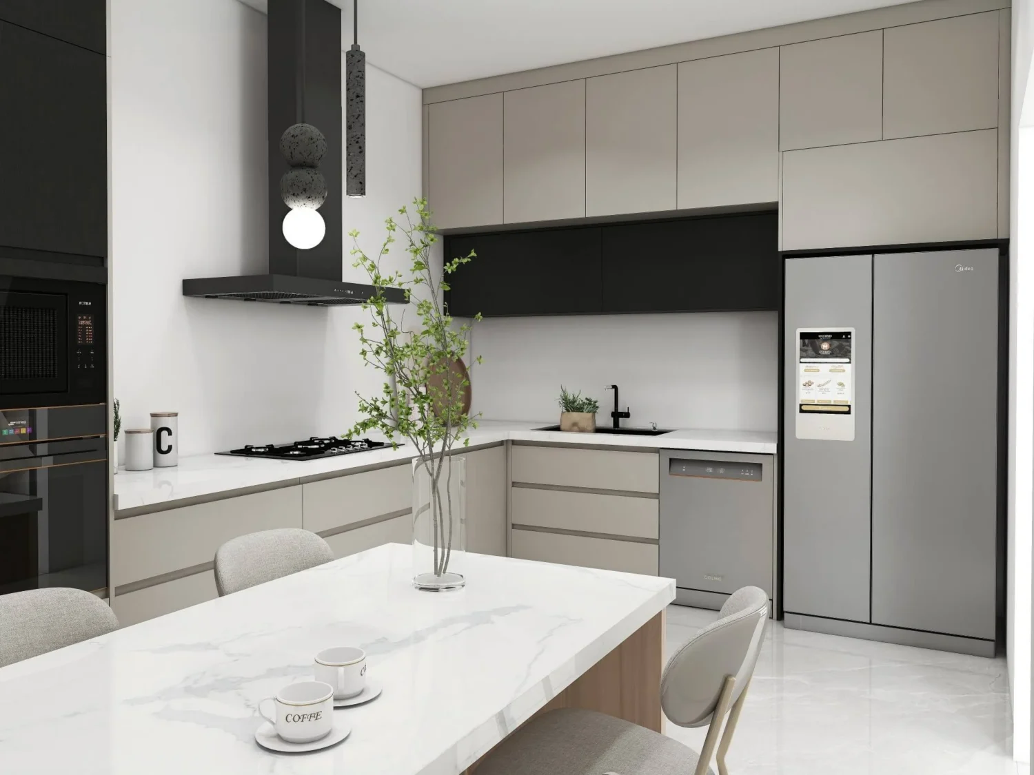 Una cocina moderna con gabinetes de estilo industrial con acabados de dos tonos, una encimera de mármol y electrodomésticos elegantes en un diseño contemporáneo.