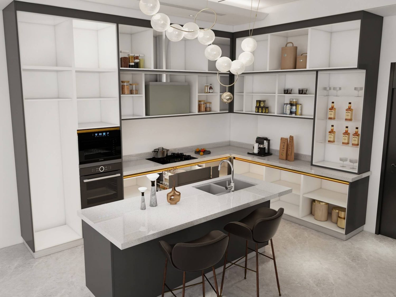 Industrial modern kitchen featuring white upper cabinets with dark frames, marble island countertop and open shelving display
