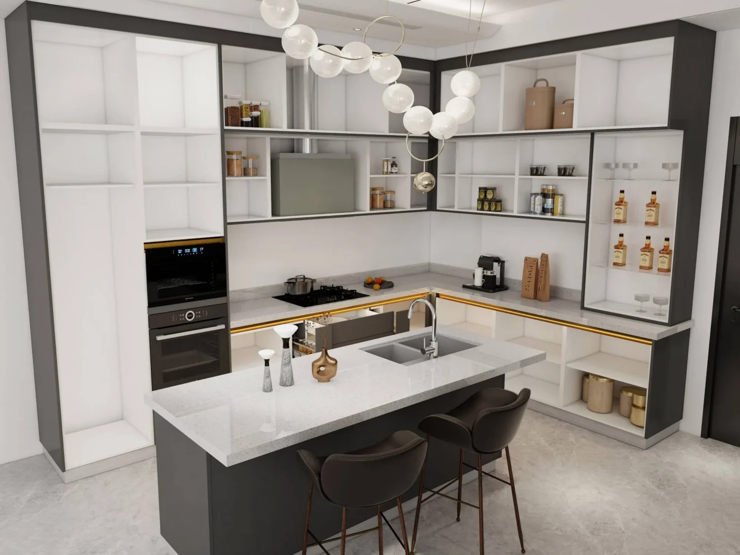 Cocina moderna industrial con gabinetes superiores blancos con marcos oscuros, encimera de isla de mármol y estanterías abiertas.