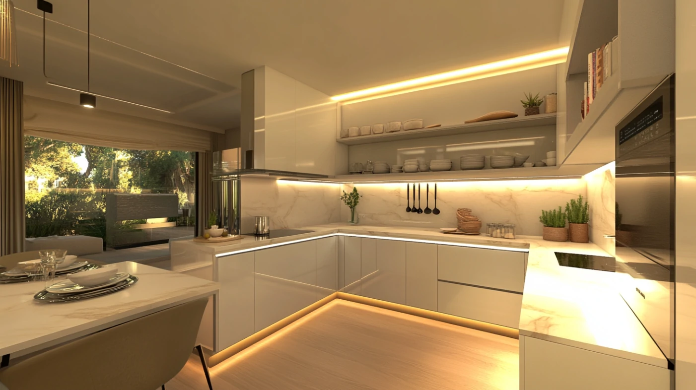 A modern kitchen with integrated LED lighting and sleek acrylic kitchen cabinets, showcasing smart storage solutions and stylish design.