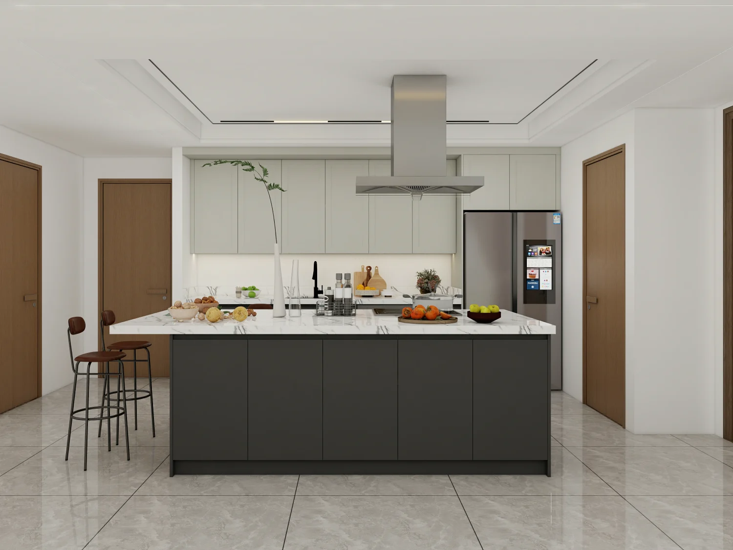 A kitchen island cabinet with a marble countertop, offering extra prep and serving space.