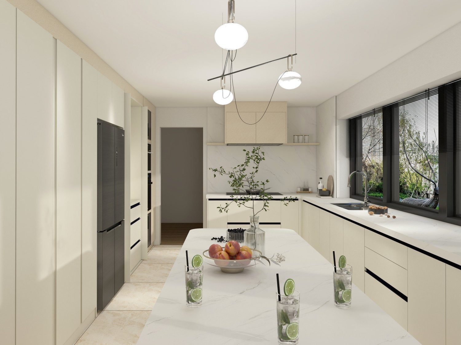 Bright Australian kitchen with flat panel cabinets, marble island, and black accents under large windows