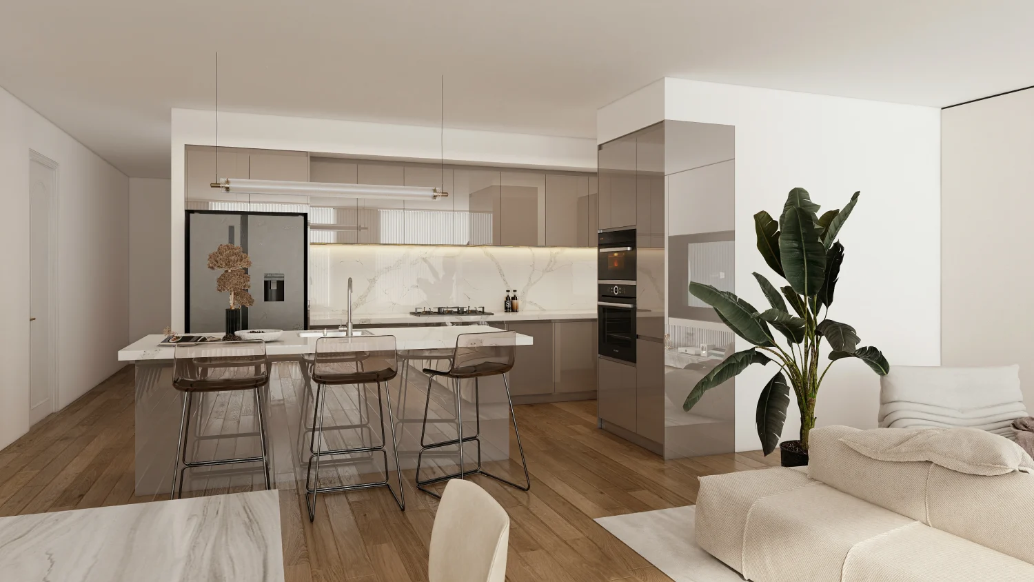 Brown Kitchen Cabinets Inspiration: Top 20 Ideas 22 Bright kitchen with light brown kitchen cabinets and marble countertops